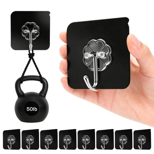 DDMY Heavy Duty Adhesive Hooks for Hanging 50lb(Max) Black Wall Hooks with Strong Sticky,No Damage Removable Hook Waterproof & Reusable for Bathroom, Kitchen, Shower, Outdoor Decor -8 Pack