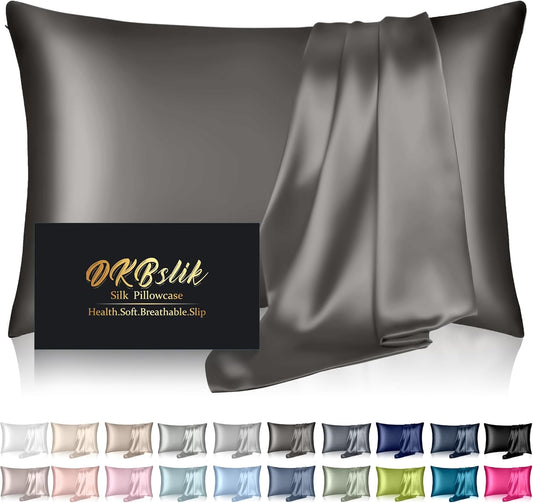 Mulberry Silk Pillowcase - King Size Anti-Acne Cooling Sleep Cover | Natural Satin with Hidden Zipper - Dark Gray