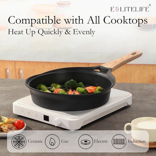 Eslite Life Nonstick Deep Frying Pan - Healthy Granite Coating, PFOA Free | 9.5 Inch Black Skillet