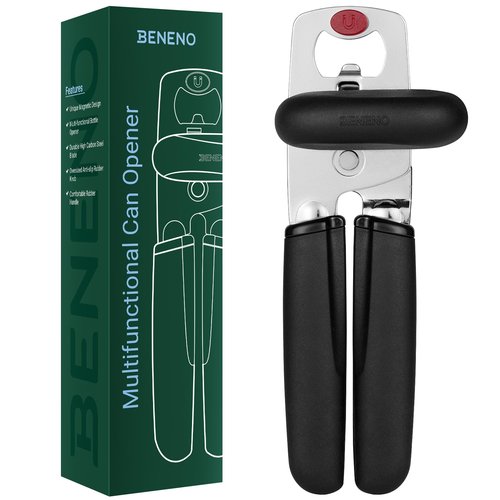 Beneno Can Opener, Heavy Duty Manual Can Opener with Magnet Lid Lifter & Bottle Opener, Hand Can Opener Manual with Ergonomic Soft Grip, Easy Turn Knob for Arthritis & Weak Hands, Easy to Use, Black