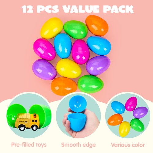 JOYIN 12 Pcs Easter Eggs Filled with Toy Cars, Colorful Stuffed Eggs with Pull Back Die-Cast Cars for Easter Hunt Game, Kids Basket Stuffer, Party Favor, Classroom Prize
