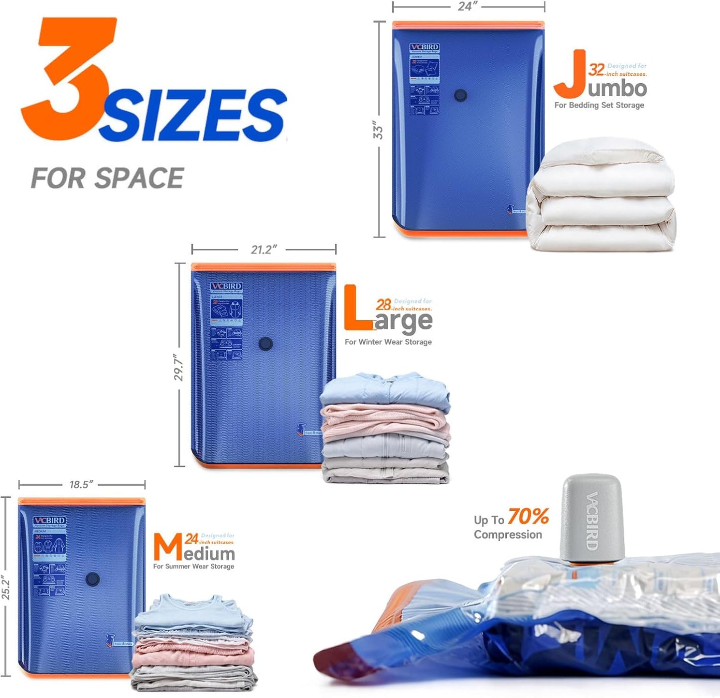 Vacbird Vacuum Storage Bags - 15 Pack Compression Packing Cubes with Rechargeable Pump | Space Saver for Clothes and Blankets