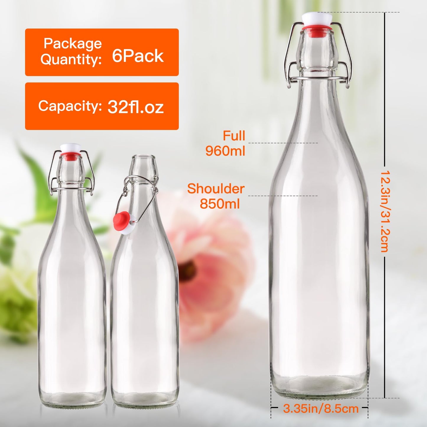 Alotpower Flip Top Glass Bottle 32oz 6Pack, Swing Top Glass Bottles with Airtight Flip Lids for Vanilla Extract Bottles/Home Brewing/Beverages/Oil (32 fl. oz, Set of 6)