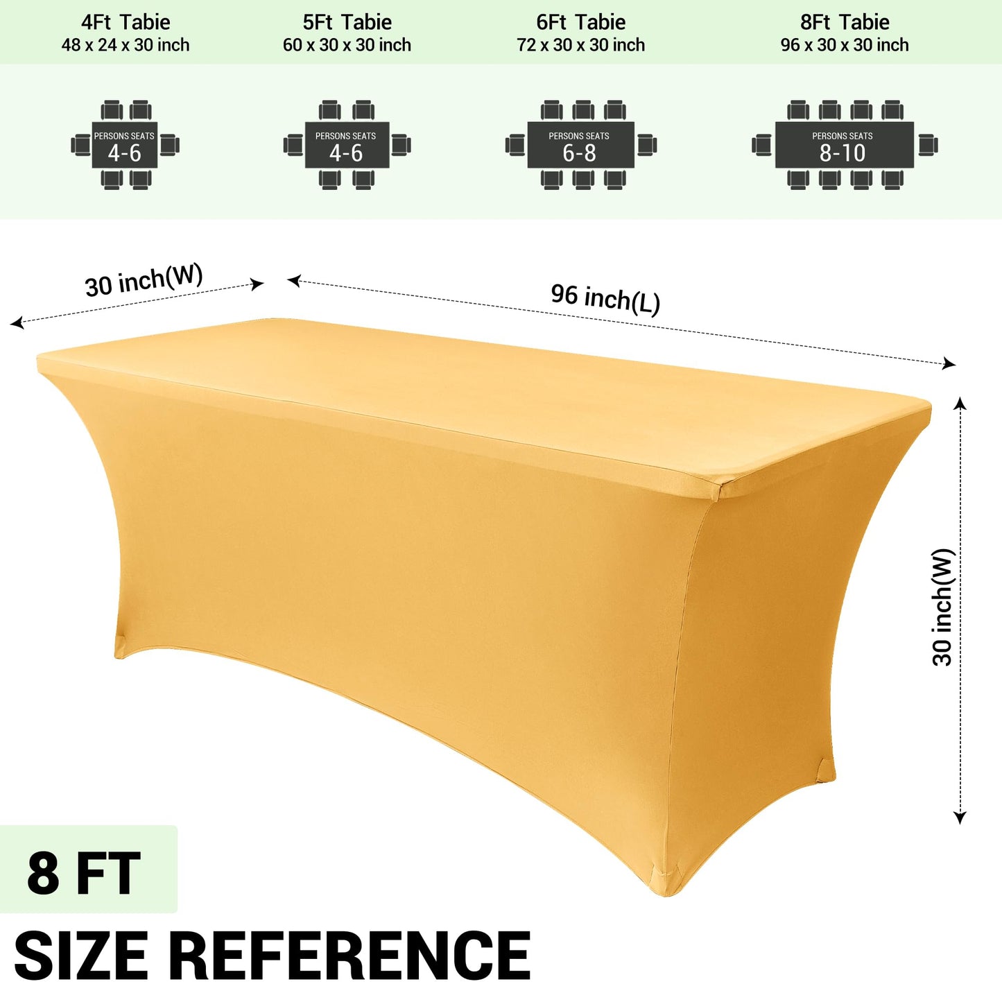 Obstal 8Ft Stretch Spandex Table Cover for Standard Folding Tables - 2 Pack Universal Rectangular Fitted Tablecloth for Party, Banquet, Events, Trade Show (Gold, 96L x 30W x 30H Inches)