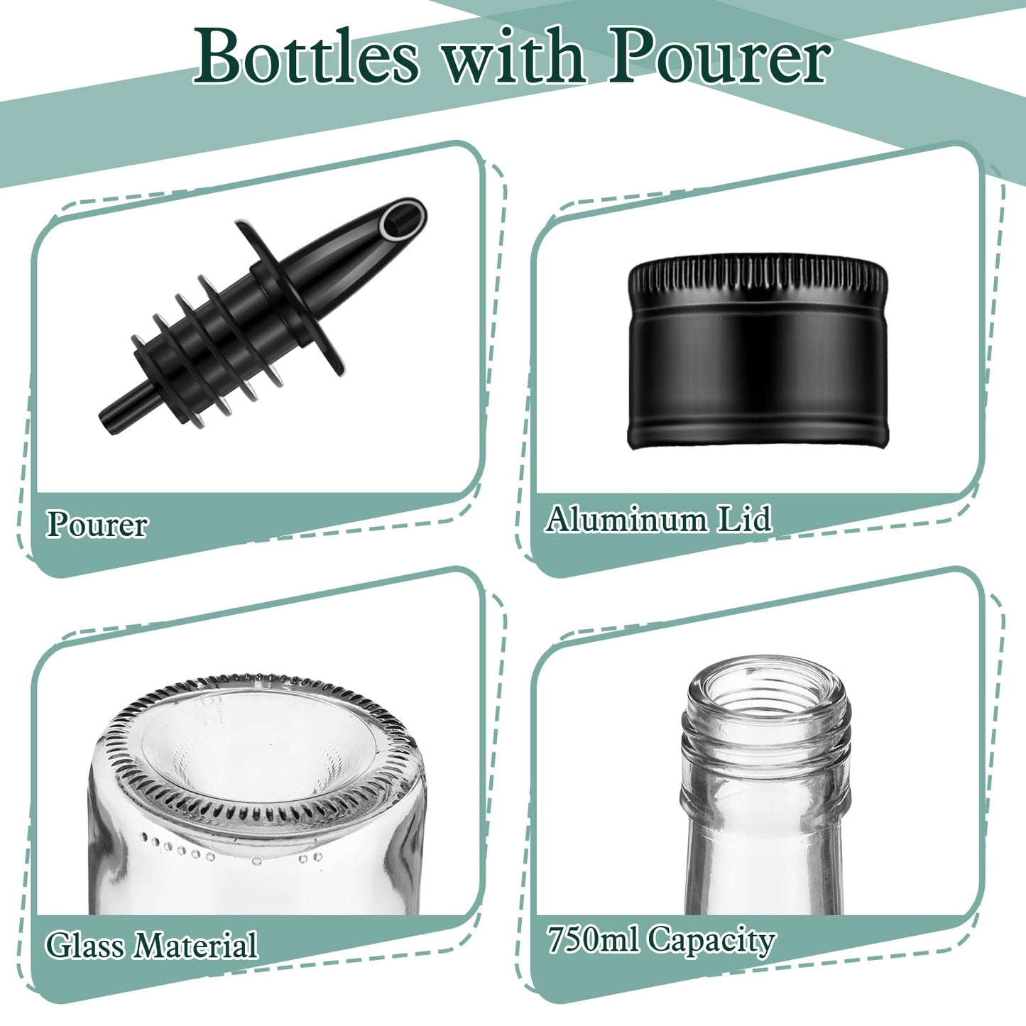 Maxdot 4 Pcs Long Neck Bottle with Pourer 750ml Glass Liquor Bottle juice Pour Bottles Syrup Bottles Glass for Home Wine Liquor Juice Making Wedding Anniversary Party(Plastic)