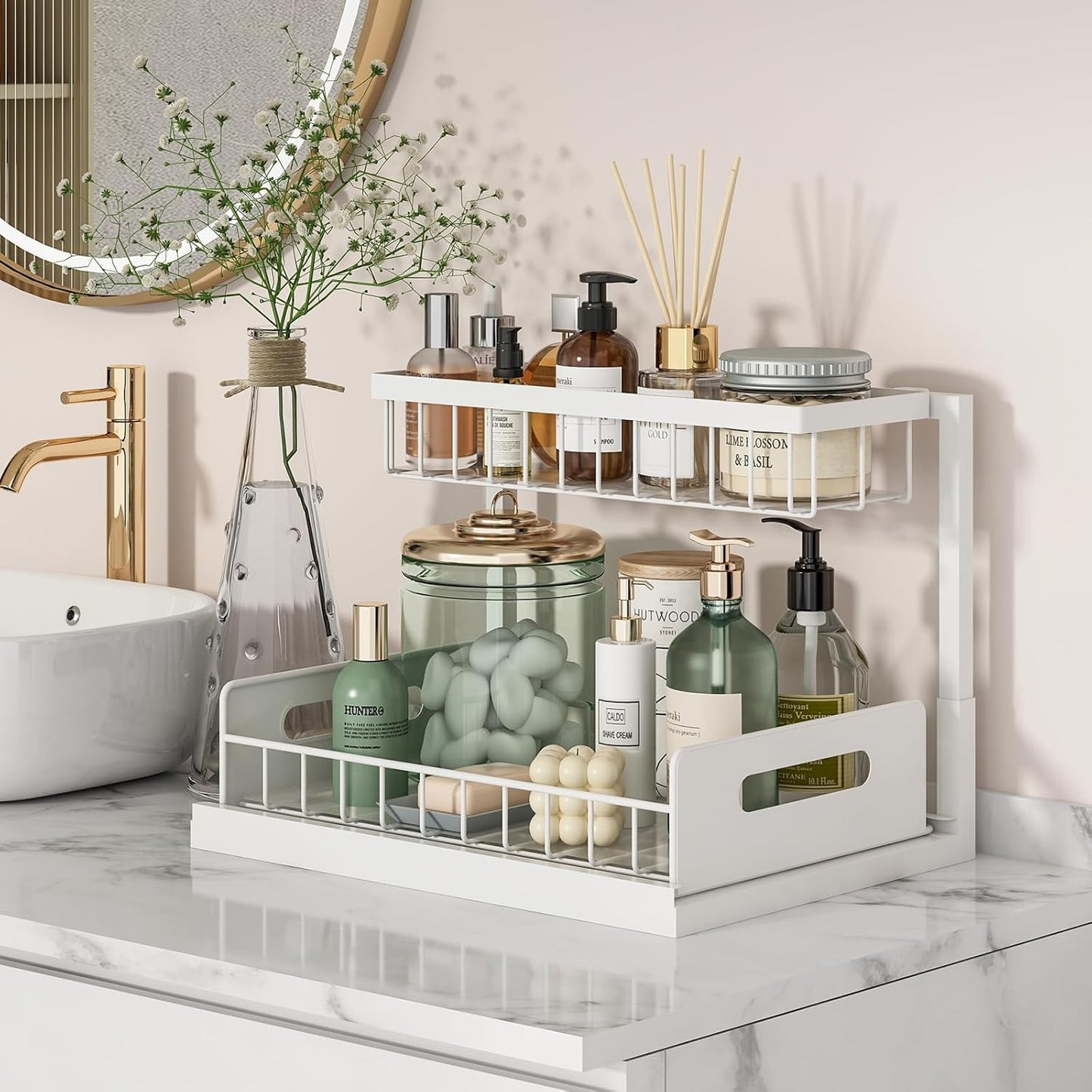 REALINN Under Sink Organizer - 2-Tier Pull-Out Cabinet Storage Shelf for Kitchen & Bathroom - White, 1 Pack
