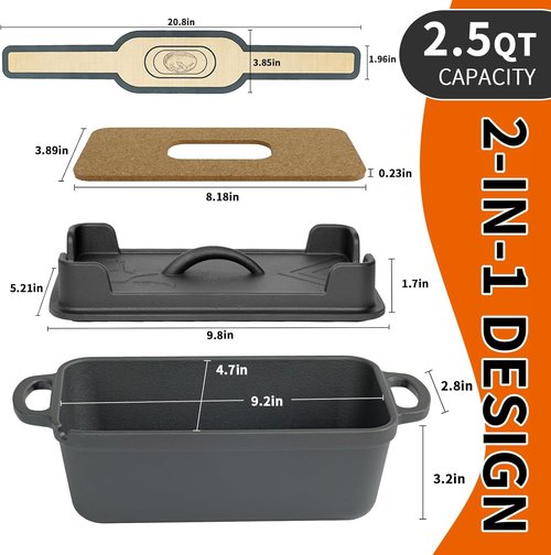Cast Iron Combo Cooker - 2.5QT Pre-Seasoned Dutch Oven & Grill Pan with Lid | Versatile 2-in-1 Skillet for Baking and Searing