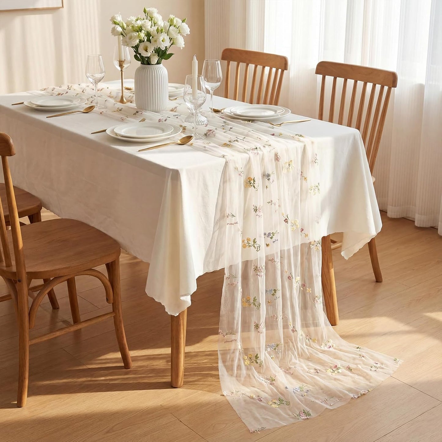 Remagr Floral Table Runner - 9.8 ft Embroidered Tulle for Weddings, Showers & Seasonal Decor