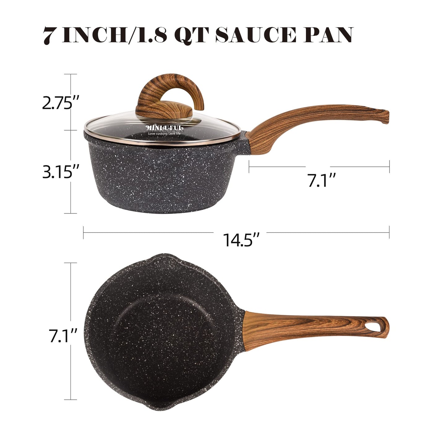 MINLUFUL Nonstick Saucepan with Lid, 1.8 Quart Classic Black Granite Coated Pasta Soup Pot for All Stovetops, 7 Inch Small Sauce Pan for Cooking Sauce Soup and Milk