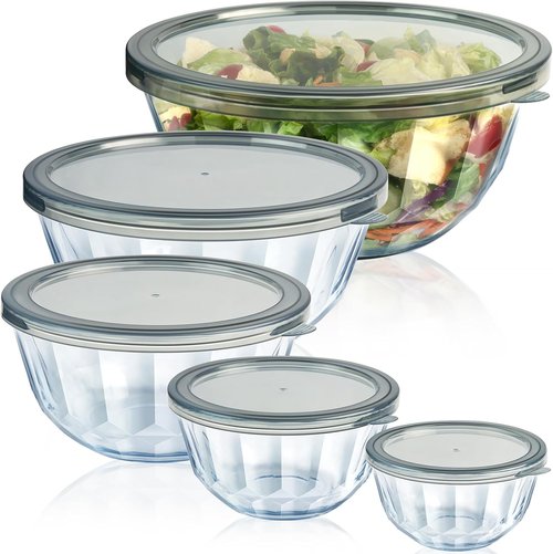 Freshmage Mixing Bowls Set - 5 Pack Thick Glass Nesting Bowls with Airtight Lids | BPA Free, Dishwasher Safe, 0.5-4.4 Qt