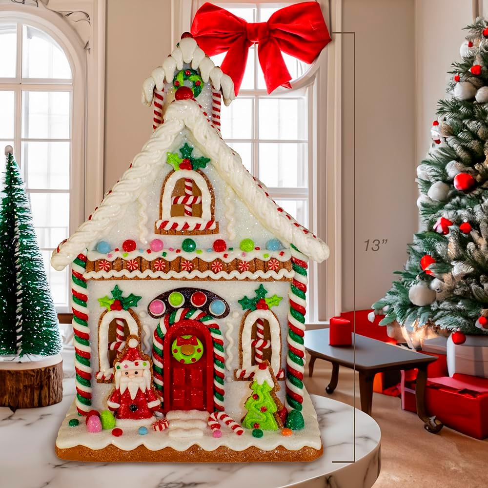 Kurt Adler 13-Inch Gingerbread House Table Piece with Santa | Festive Holiday Decor