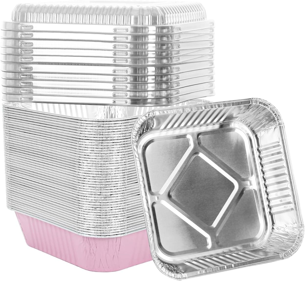 Skiennix 50 Pack Aluminum Pans - 8"x8" Disposable Foil Containers with Plastic Lids for Baking & Storing | Pink
