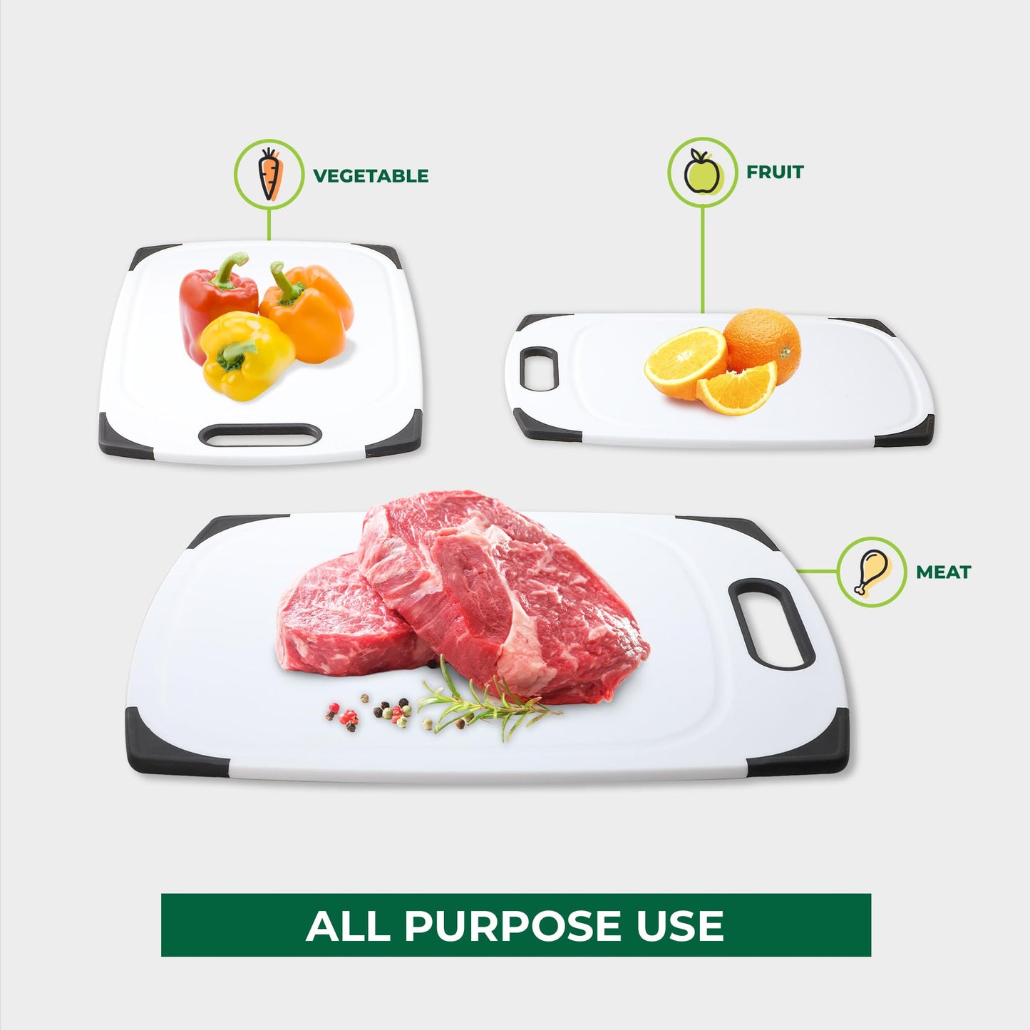 Plastic Cutting Boards for Kitchen, Cutting Board Set of 3, Juice Grooves with Easy Grip Handle, BPA-Free, Non-Porous, Dishwasher Safe, White