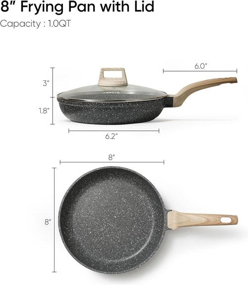 CAROTE Nonstick Frying Pan - 8-Inch Skillet with Glass Lid | PFOA-Free Granite Cookware