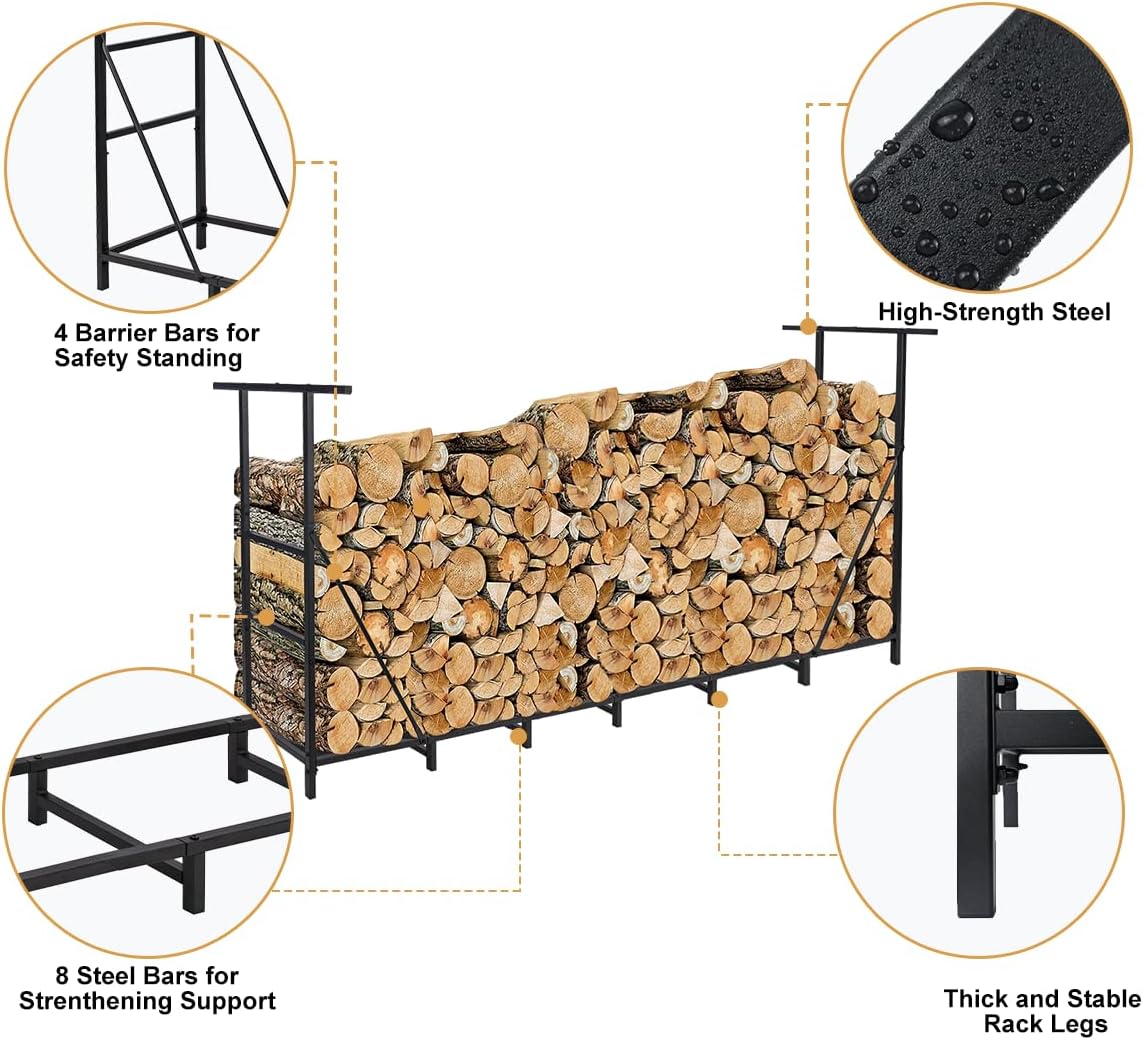 Vailge 8FT Firewood Rack - Heavy Duty Steel Holder with Waterproof Carrier Bag for Outdoor Use
