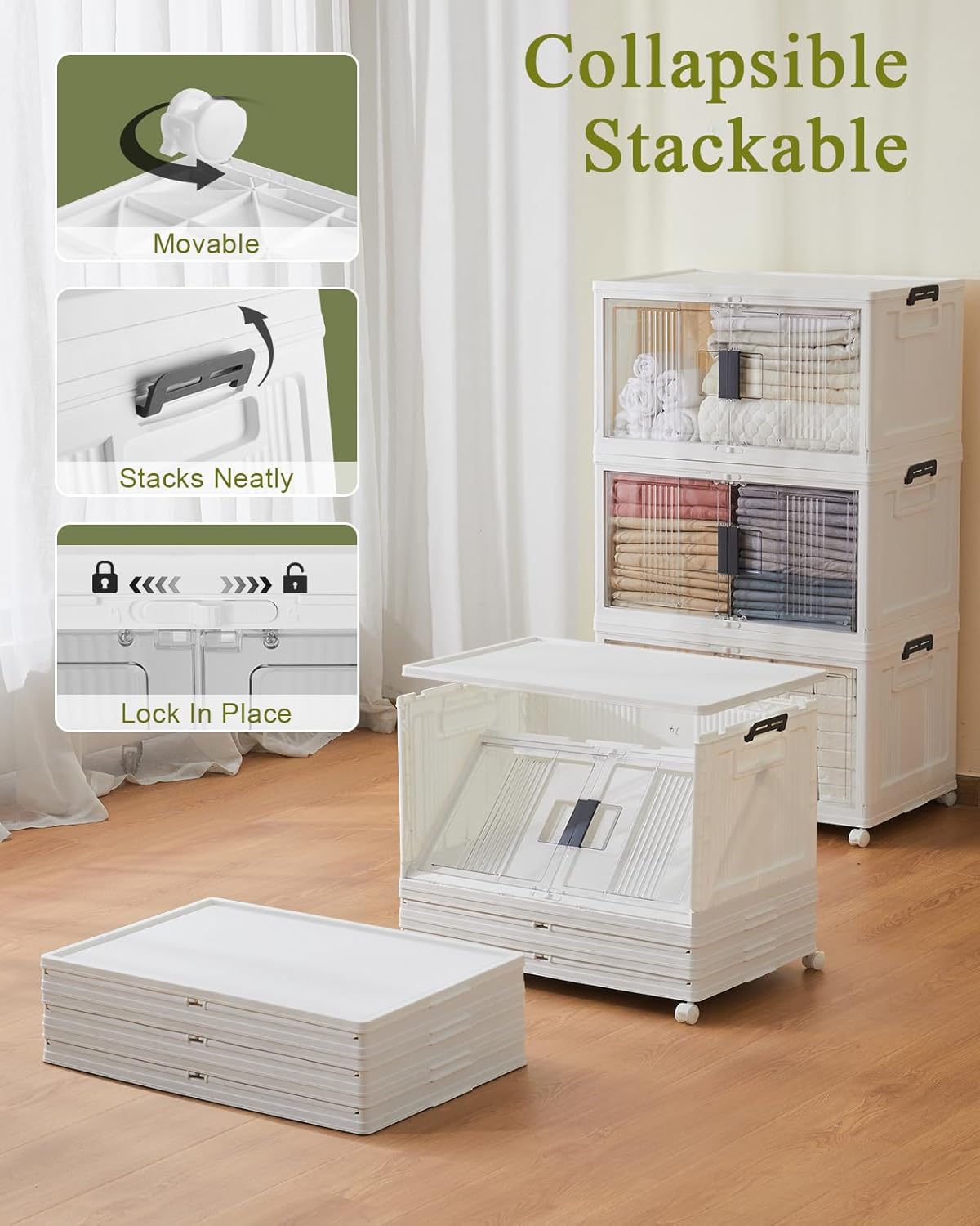 OlarHike 76QT Lockable Storage Bins - Collapsible Plastic Boxes with Lids, Wheels & Doors | 3 Pack Organizer