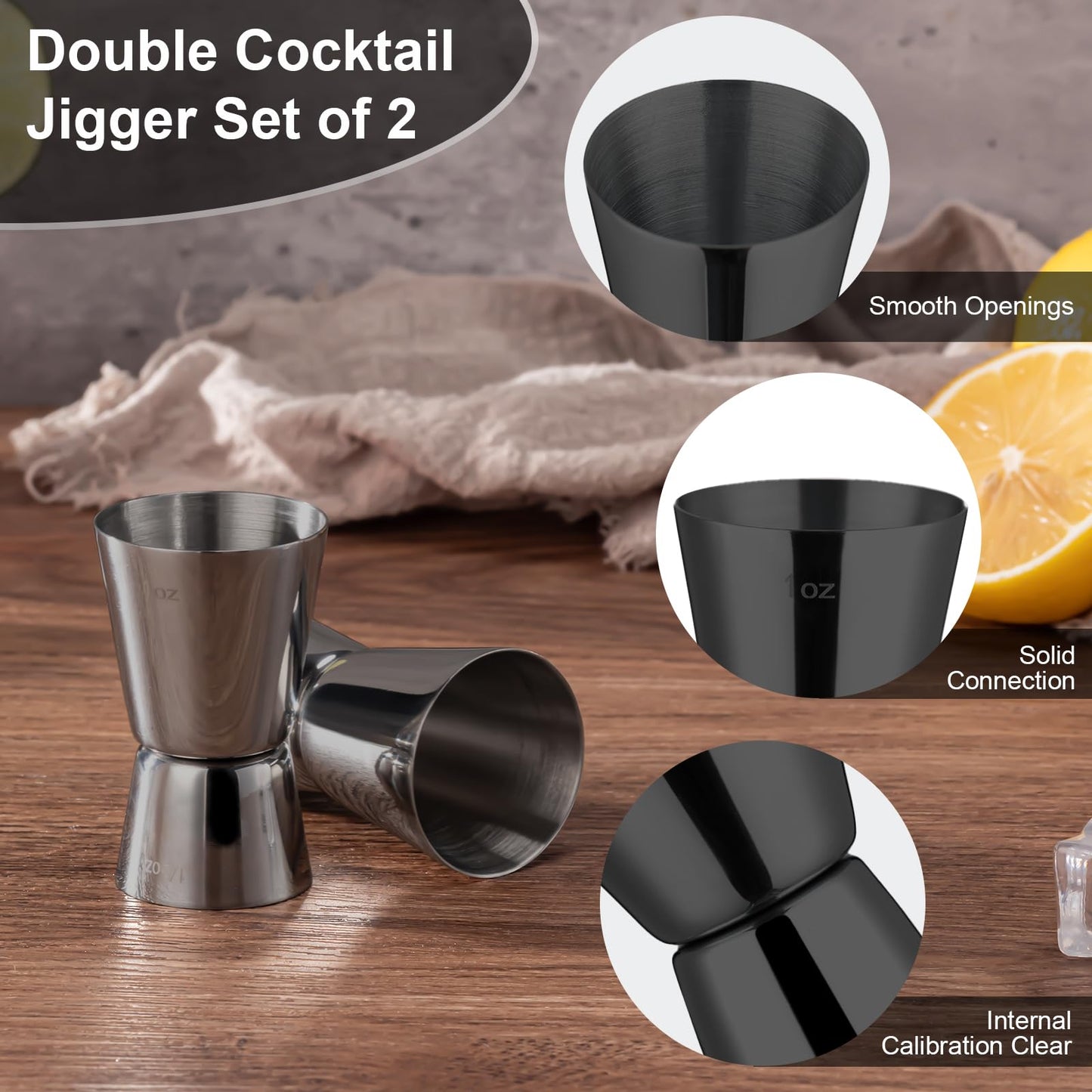 Briout Jigger for Bartending, 2 Pcs Double Cocktail Jigger Japanese Premium 304 Food Grade Stainless Steel Jigger 1 OZ 1/2 OZ, Flat Edge Black