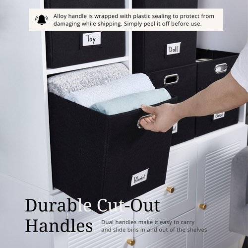 DECOMOMO Black Storage Bins - 11-Inch Cube Felt Baskets with Labels | Set of 6 for Organizing