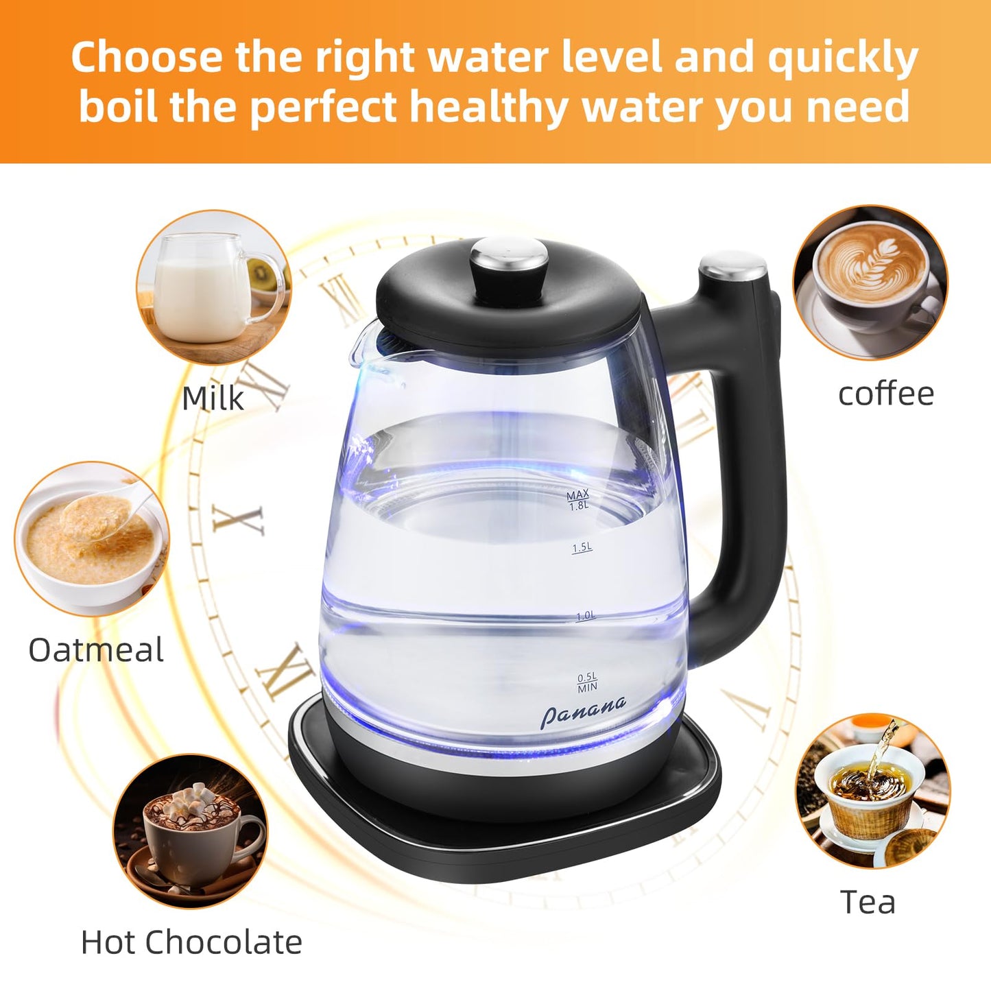 Panana Electric Kettle, Tea Kettle Pot, 1.8L, 1200W, Removable Stainless Steel Inner Lid for Easy Cleaning, Hot Water Kettle Teapot Boiler, Automatic Shut Off, BPA-Free