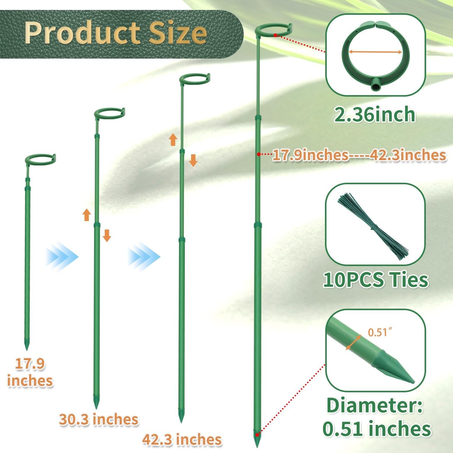 Telescoping Plant Stakes - Adjustable 17.9In to 42.3In Support for Monstera, Orchids & Vines