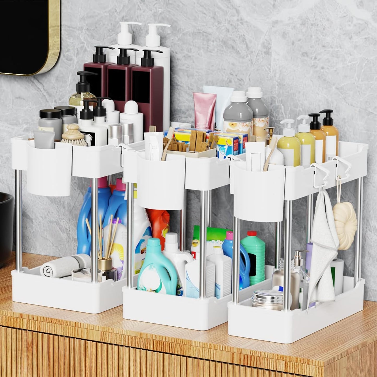 Skiennix 3 Pack Under Sink Organizers - 2 Tier Bathroom Cabinet Shelf with Hanging Cups | White