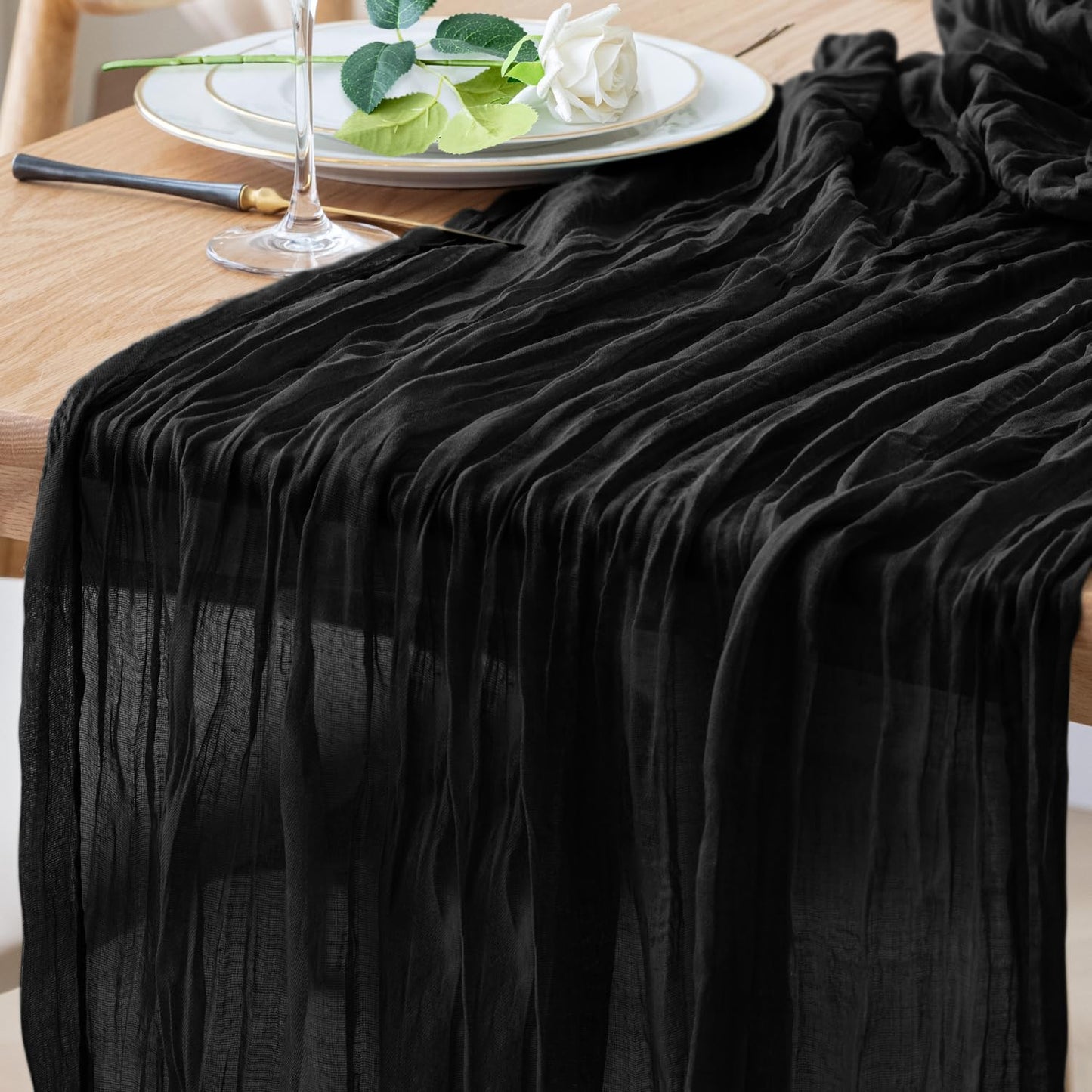 Xiomot Table Runner Cheesecloth 10FT Black Boho Gauze Cheese Cloth Rustic Sheer Table Runners for Wedding Birthday Bridal Baby Shower Party Decoration