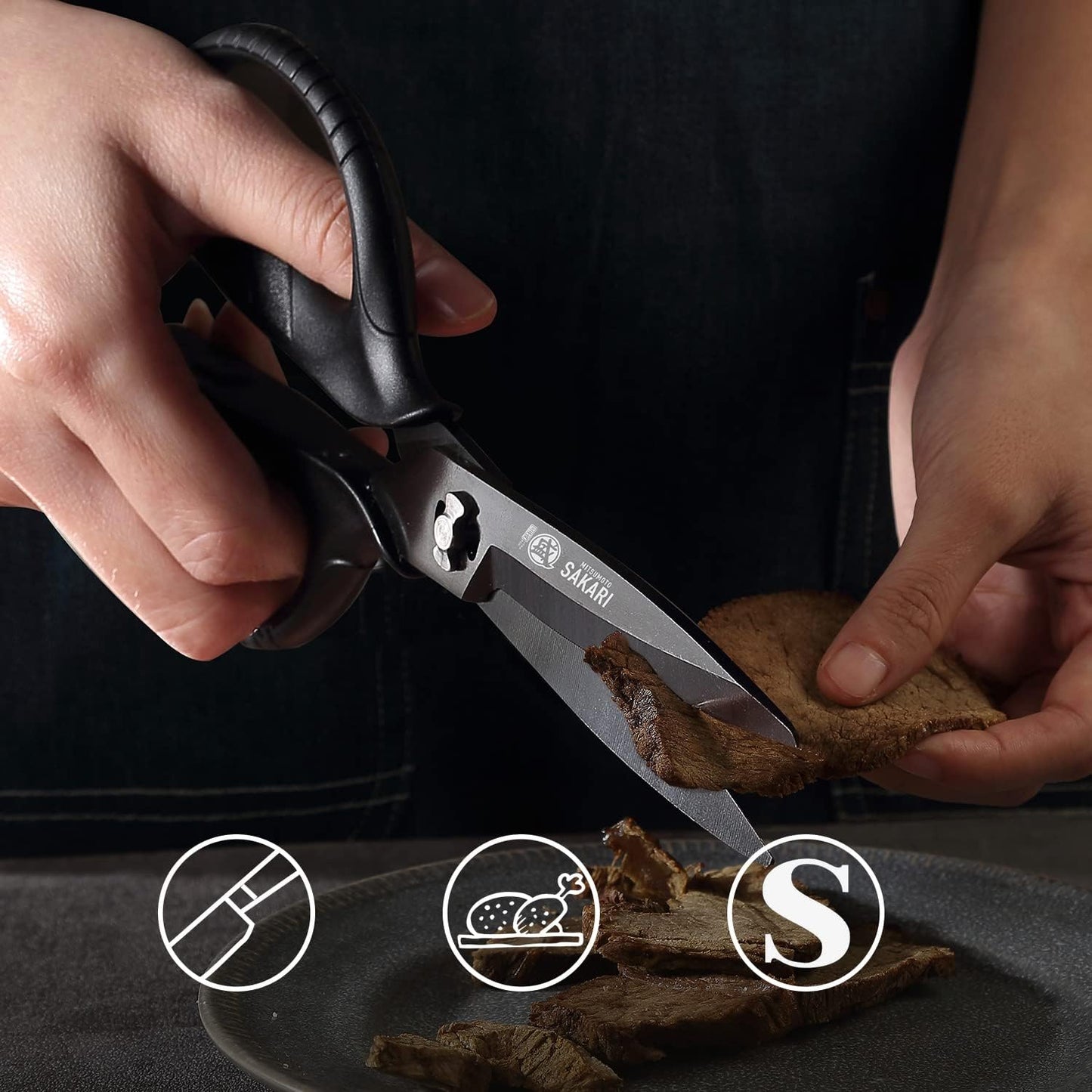 MITSUMOTO SAKARI Kitchen Scissors - Heavy Duty Black Titanium Plated | Multipurpose Cooking & Herb Tool