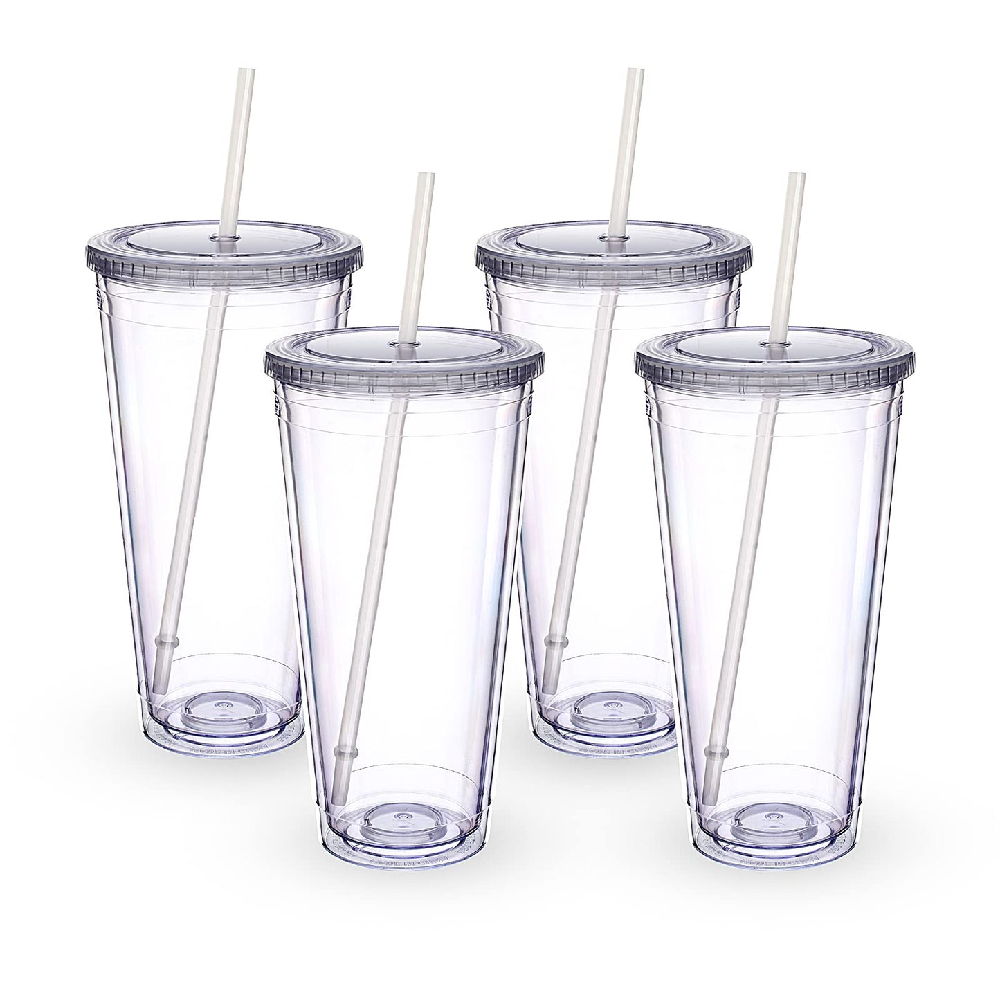 Luxfuel 32 oz Acrylic Tumblers with Lid & Straws, Double-Walled Insulated Clear Plastic Drink Cup, BPA-Free, Reusable Iced Coffee Cups for Parties, Birthdays, Graduation, Fits Car Cup Holders - 4 Pack
