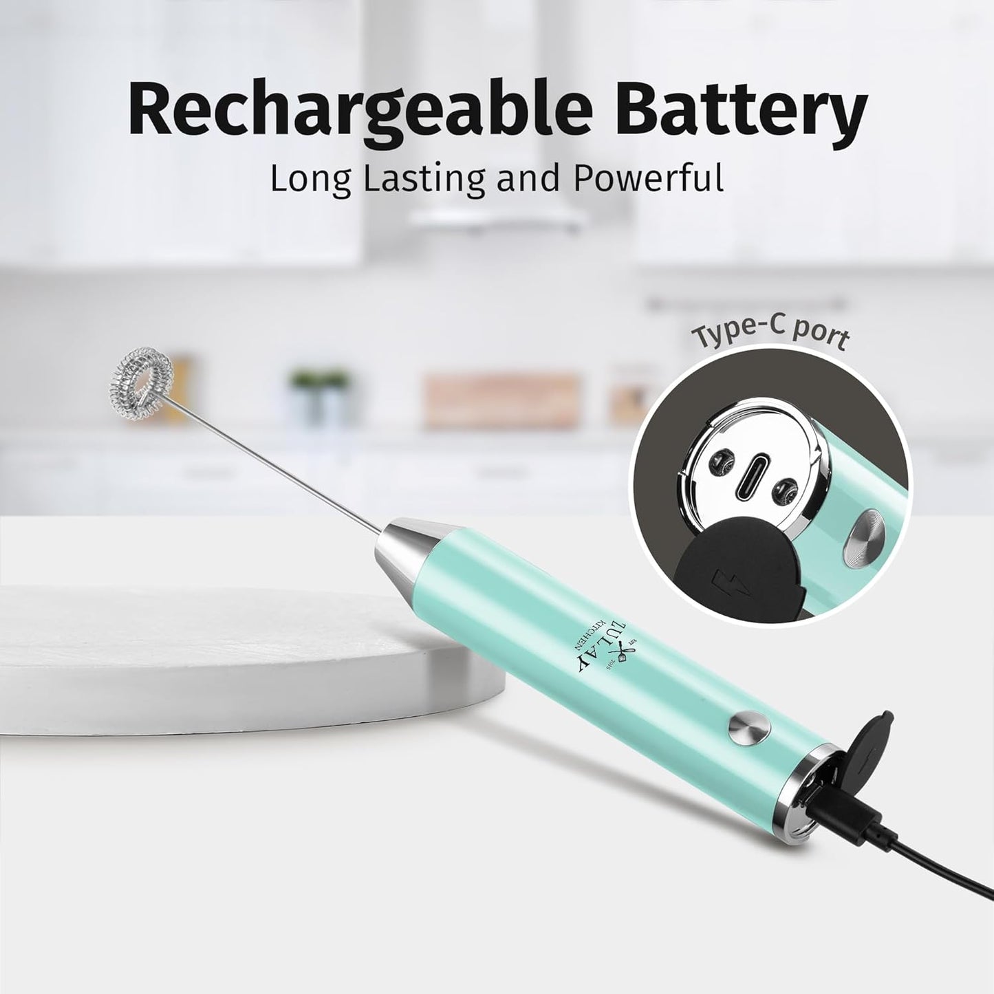 Zulay Kitchen Rechargeable Milk Frother - Powerful 2-Speed Motor, Waterproof, 2000mAh Battery | Sky Blue Drink Mixer for Latte, Cappuccino & Matcha