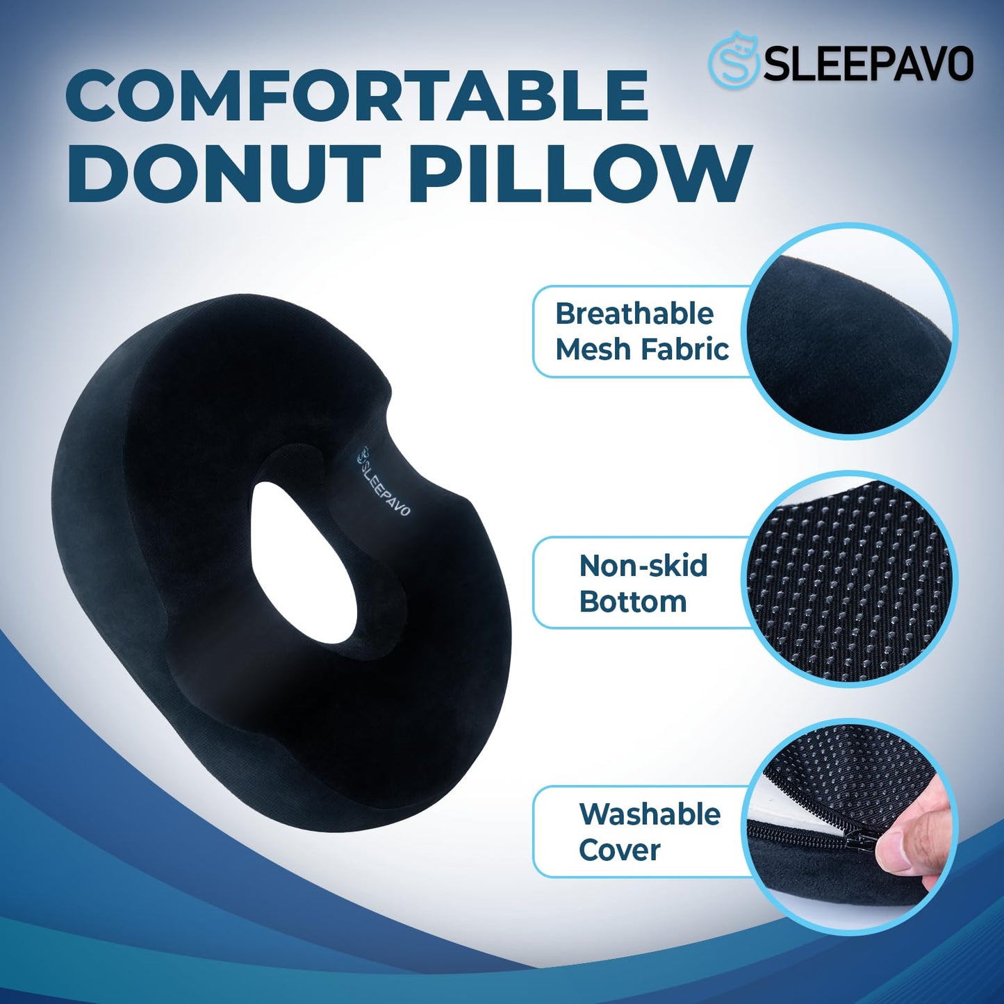 Sleepavo Butt Donut Pillow for Tailbone Pain Relief Cushion Medium - Hemorrhoid Pillows - Sitting Butt Pillow for Office Chair, Travel, Car, Coccyx, Sciatica, Postpartum Sitting Donut Seat Cushion