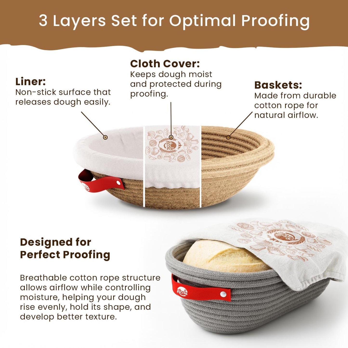 Riccle Sourdough Starter Kit – Bread Baking Supplies & Bread Making Tools with Cotton Rope Proofing Basket (9” Round & 10” Oval), Bread Lame with 15 Blades, Dough Whisk, Bowl Scraper & Silicone Brush