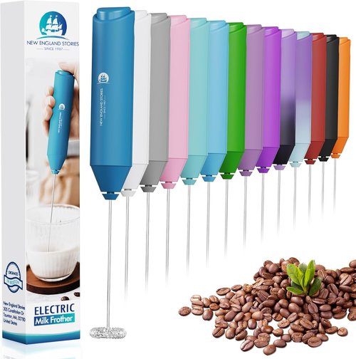 England Stories Electric Milk Frother - Handheld Battery Operated Whisk for Coffee, Cappuccino & Latte - Metal Blue