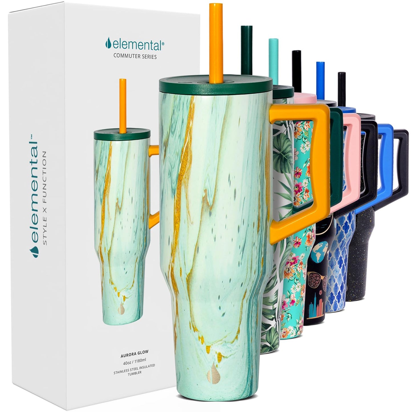 Elemental 40 oz Tumbler with Handle and Straw - Spill Proof Insulated Stainless Steel Commuter for Cold Beverages - Travel Coffee Mug with 2 Straws & Spill Proof Lid - 40oz - Aurora Glow