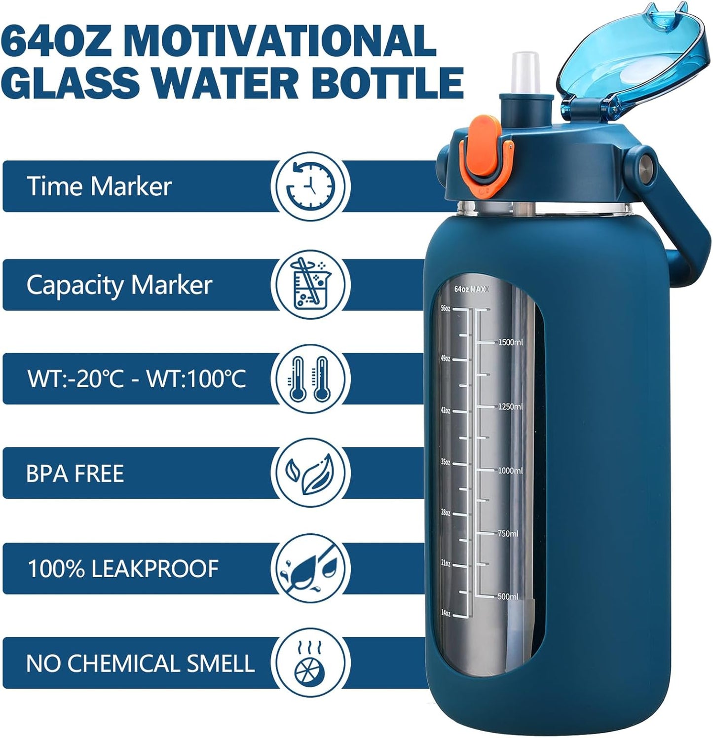 Kytffu 64oz Glass Water Bottle - Motivational Half Gallon Jug with Straw & Silicone Sleeve | Leakproof, Blue