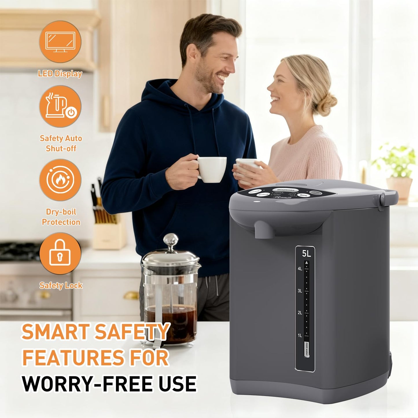 Rosewill Electric Water Boiler and Warmer - 5L/5.3 Qt Stainless Steel Hot Water Dispenser w/Rotating Base, Keep Warm Temperature Set, Auto Shut Off, Safety Lock - Gray