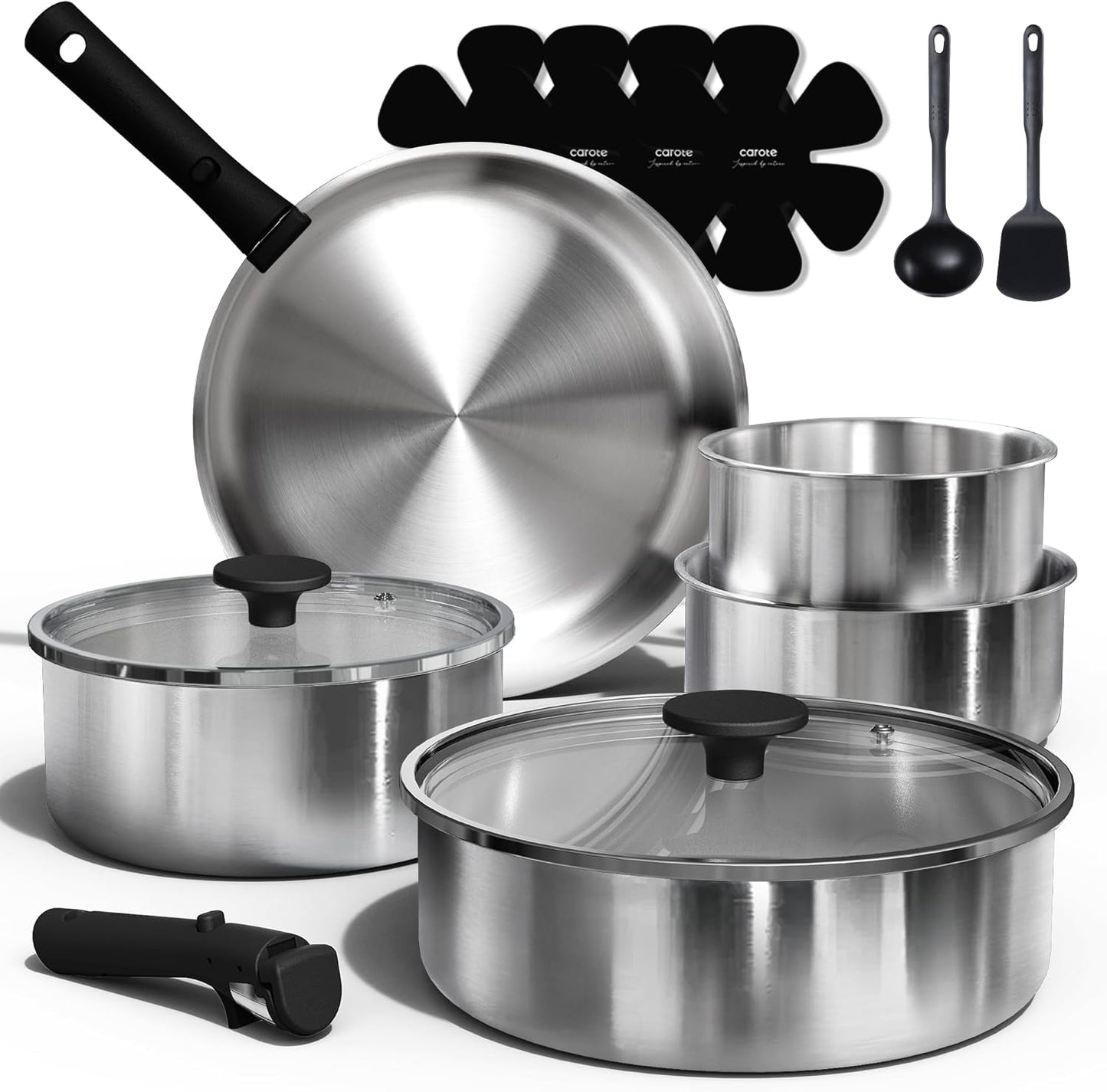 CAROTE Nonstick Cookware Sets, Non Stick Pots and Pans Set Detachable Handle, Kitchen Cookware Sets with Removable Handle, Stackable RV Cookware for Campers, Oven Safe (White 5 PCS)