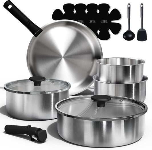 CAROTE Nonstick Cookware Sets, Non Stick Pots and Pans Set Detachable Handle, Kitchen Cookware Sets with Removable Handle, Stackable RV Cookware for Campers, Oven Safe (White 5 PCS)