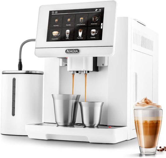 Zulay Magia Espresso Machine With Grinder - 19 Customizable Coffee Options | Includes Insulated Milk Container & Deluxe Cups - Auto-Cleaning - OG White