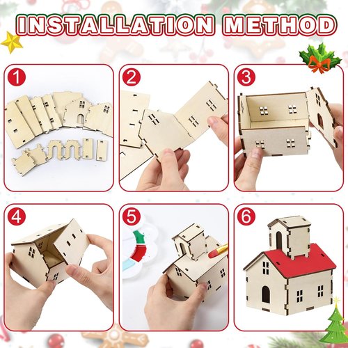 Hiboom 24 Pcs DIY Christmas Village Set - Rustic Wooden Church & Mini Houses for Holiday Decor