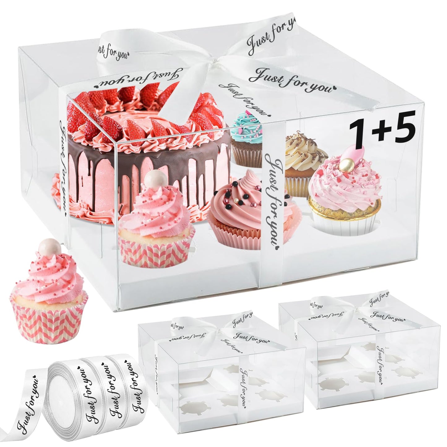 LLOERE 3 Pack Bento Cake and Cupcakes Box with Gift Ribbon, Clear Window 1+5 Combination Bento Boxes, 6 Holes Fit 5 Cupcake Containers and 1 Mini Cake(4-5in) for Birthday Party Baking Supplies