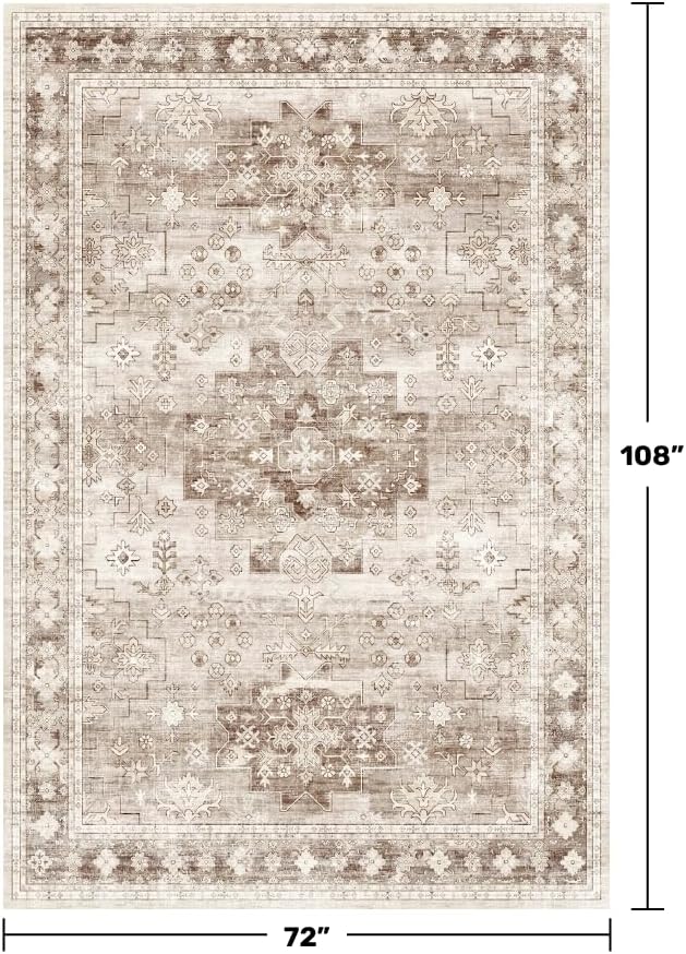 Regine Switzerland Washable Area Rug - 6x9 Boho Vintage Non-Slip Floral Design in Beige/Latte