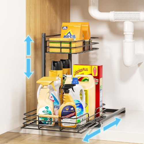 Delamu Under Sink Organizer - Height Adjustable Slide-Out Storage Shelf for Kitchen & Bathroom Cabinets