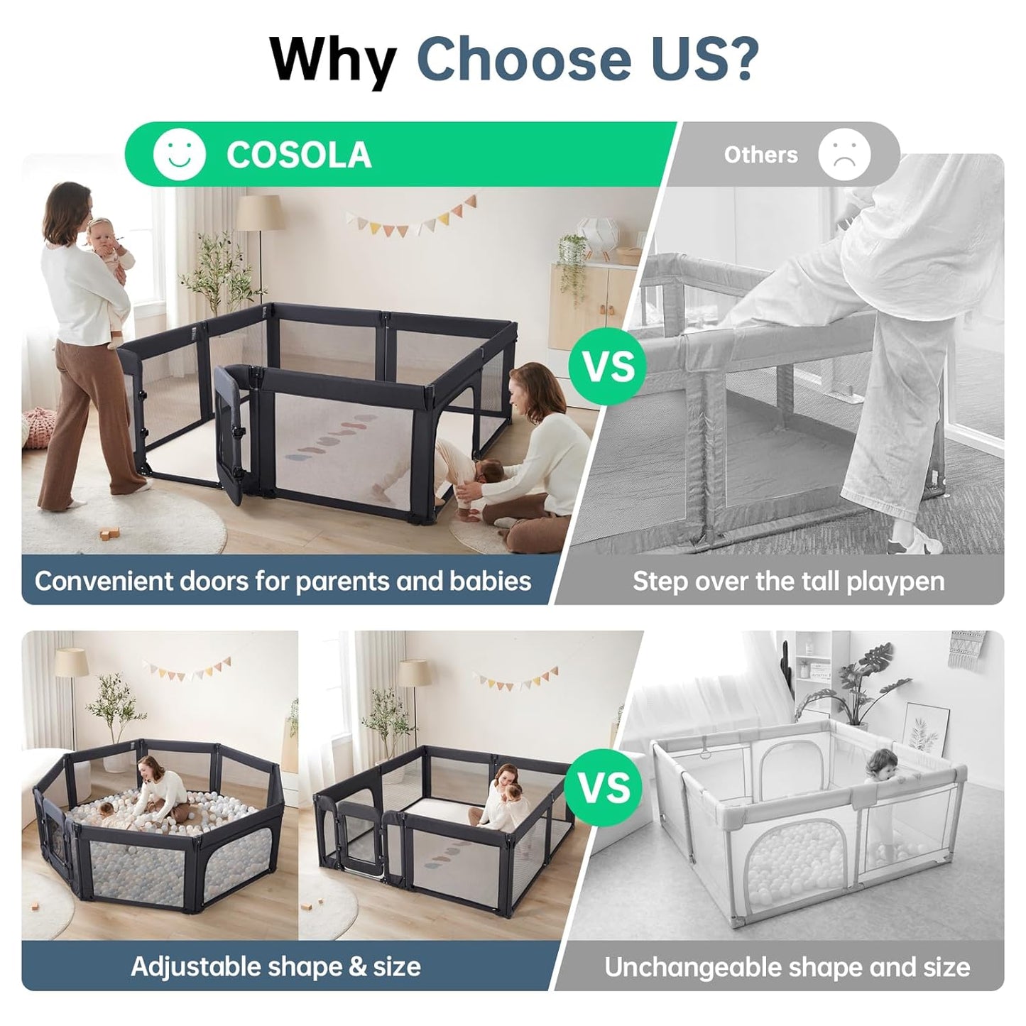 Large Baby Playpen - Adjustable 79x71 Inch Foldable Indoor & Outdoor Safety Fence | Black Mesh Design