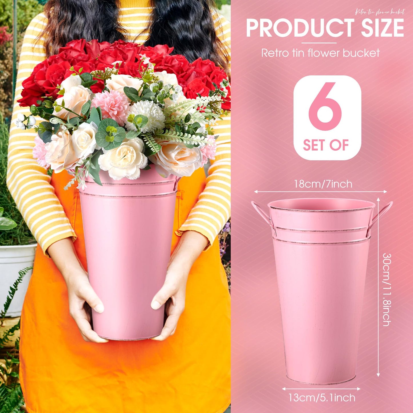 Irenare 12 Inch Vintage Galvanized Flower Bucket Metal Flower Vase Farmhouse French Bucket Planter Metal Floral Container for Party Table Centerpiece Weddings Home(Pink,6 Pcs)