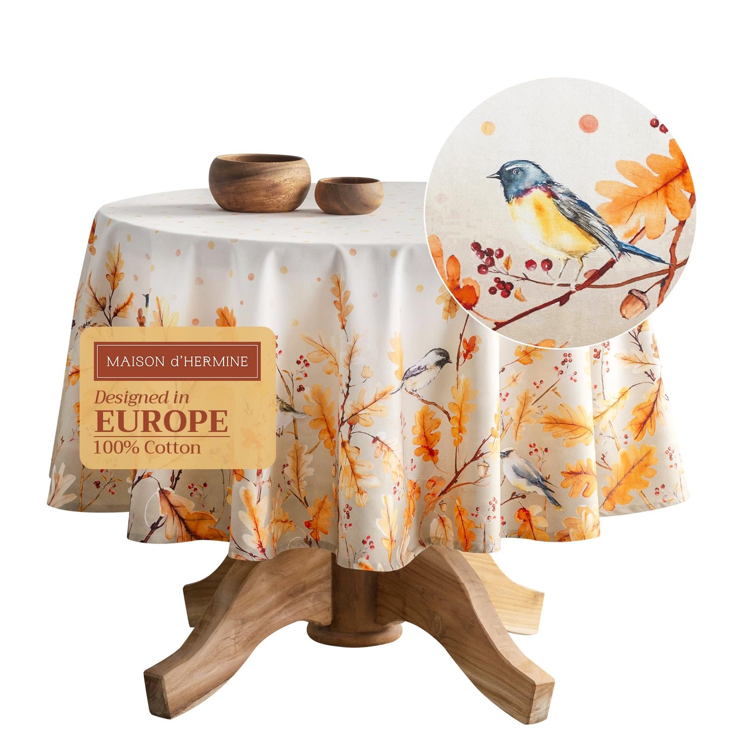 Maison d' Hermine Table Cloth Round Table 100% Cotton 69 Inches Fall Tablecloth Reusable Everyday Use for Thanksgiving Christmas Decorations Dining Farmhouse Party (Oak Leaves)