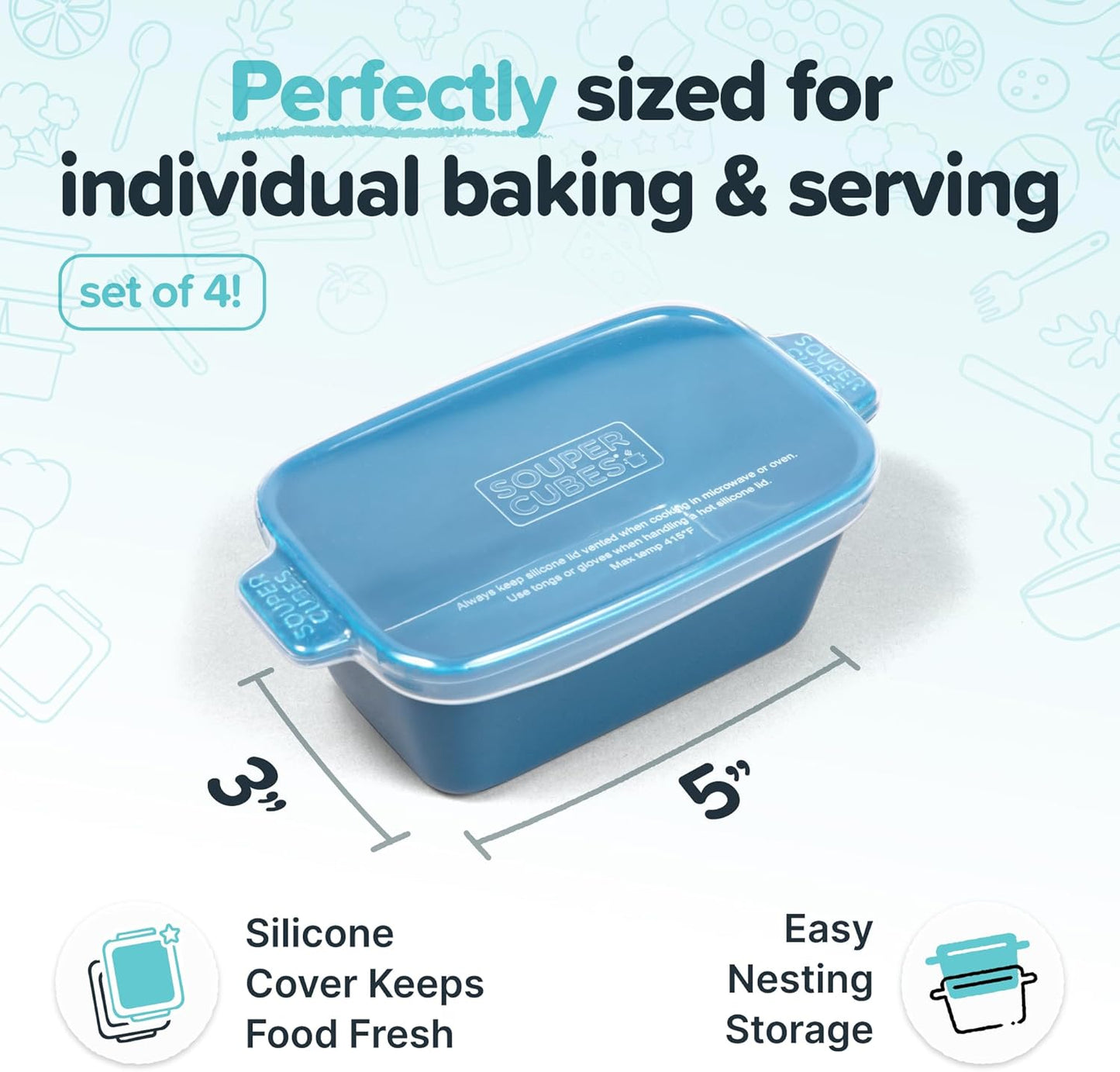 Souper Cubes Stoneware - Small 5" x 3" Ceramic Baking Dish Set of 4 with Silicone Covers | Ideal for Reheating Single Servings - Blueberry