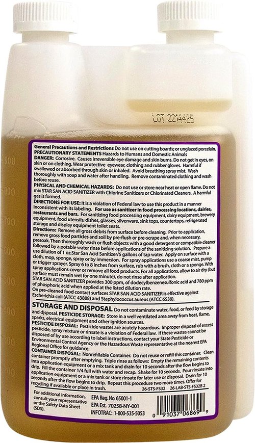 Cooler Keg Star San Cleaner 32oz - No Rinse Food Grade Brewing Sanitizer Rinseless Cleaning Agent for Home Brew, Kegs, Stainless Steel. Acid-based, foaming sanitizer for Beer, Wine, & Mead Equipment