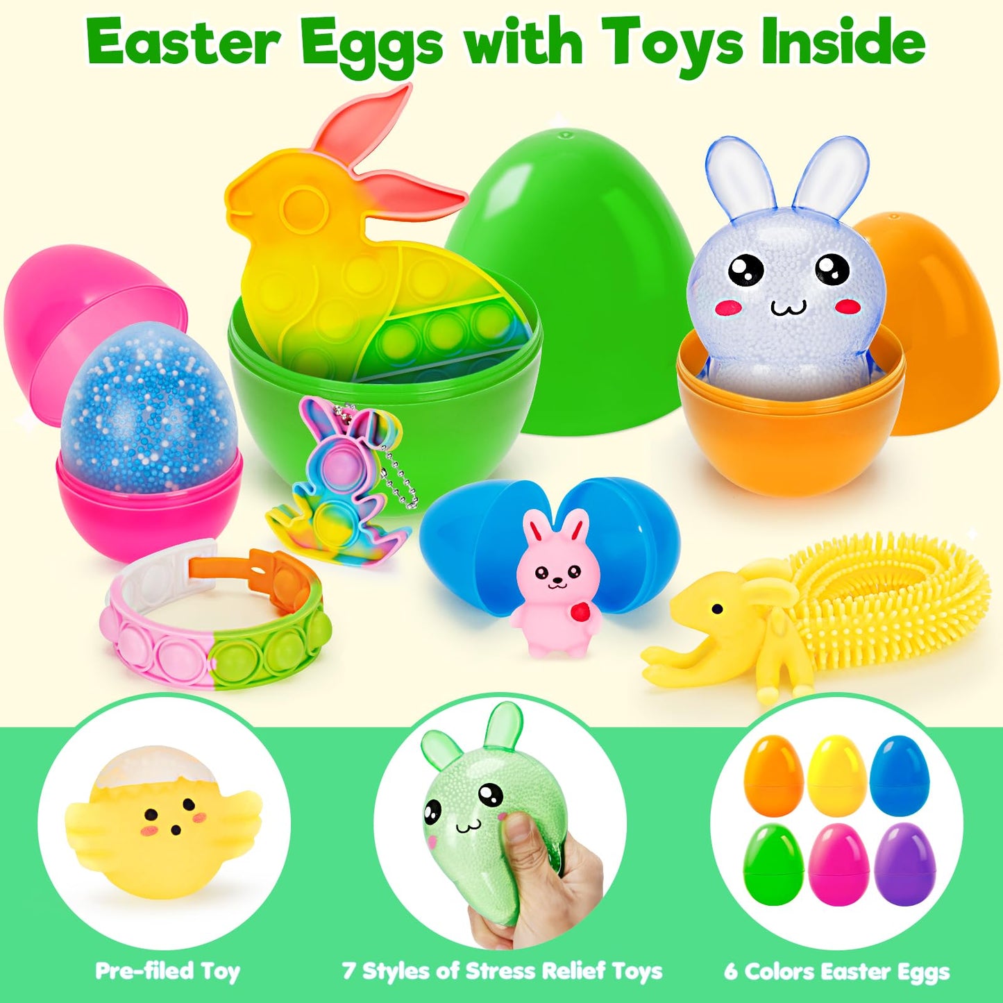 Jyusmile 36 Pack Prefilled Easter Eggs with Toys, Bulk Mix 4 Sizes Plastic Easter Eggs with Assorted Toys Inside, Surprise Eggs for Easter Hunt, Easter Basket Stuffers, Party Favors for Kids