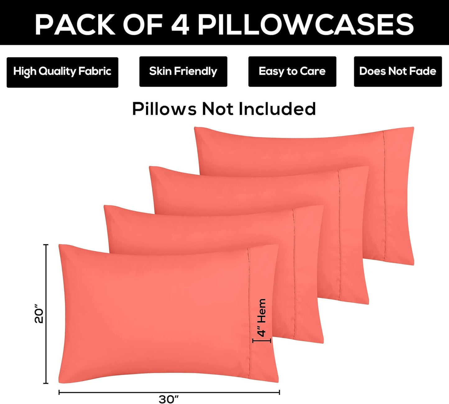 Utopia Bedding Queen Pillow Cases - Soft Brushed Microfiber - 4 Pack, Coral Color, 20 x 30 Inches