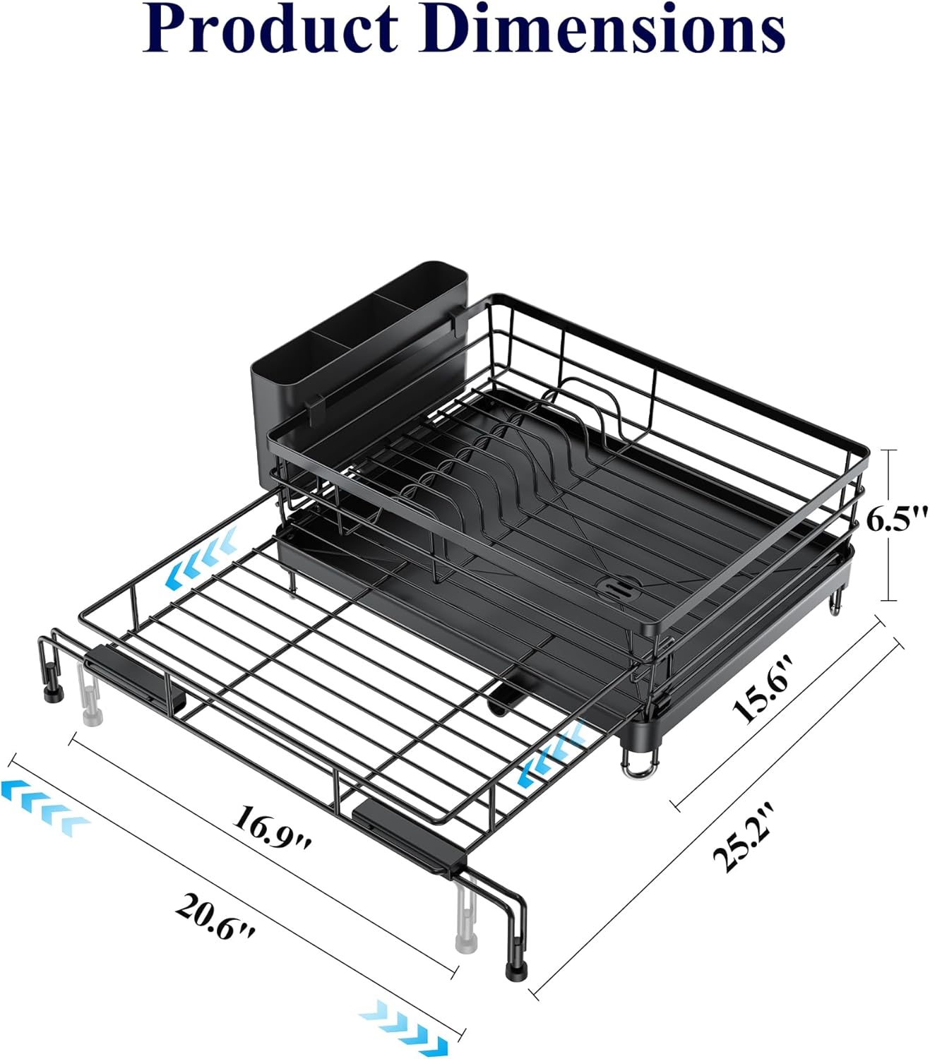 Kitsure Extendable Dish Drying Rack - Rust-Resistant Kitchen Rack with Adjustable Legs & Cutlery Holder | Black, 15.6''-25.2''L × 16.9''W × 8.1''H